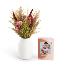 Droogbloemen boeket roze met gepersonaliseerde kaart